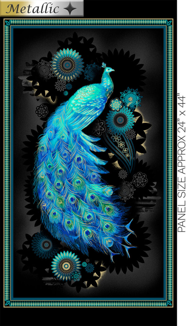 849 Peacock Meadow Panel Black Magnificent Peacock